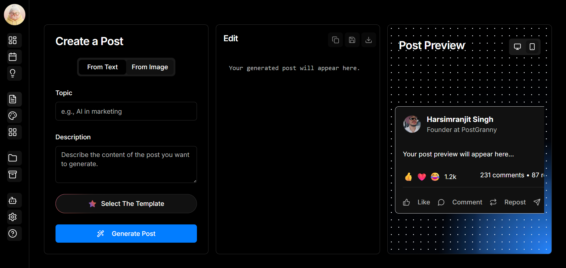 PostGranny LinkedIn Post Generator Dashboard